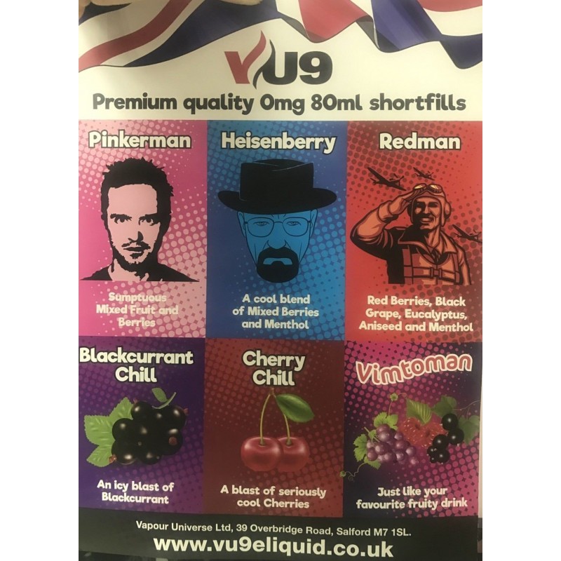 VU9 premium shortfill e-juice sensational six flavours 60/40 vg pg